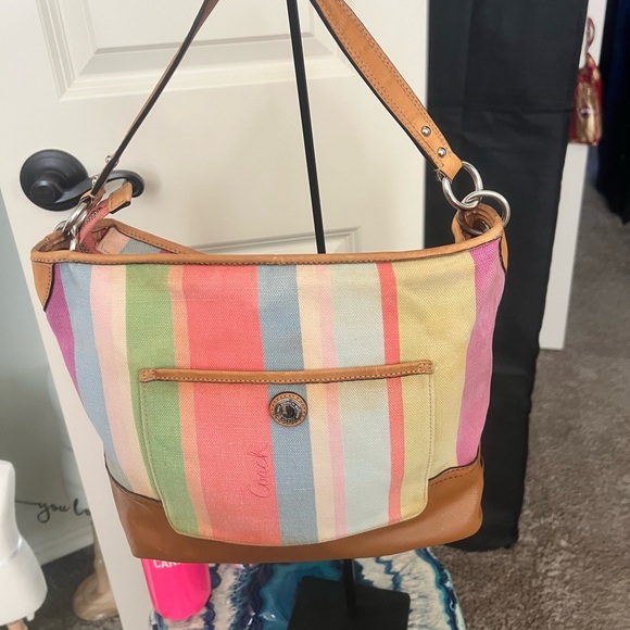 COACH Hamptons Legacy Striped Canvas & Leather Bag Clean EUC - Picture 1 of 14
